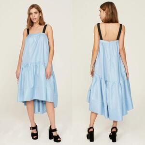 Adam Lippes Dress Sleeveless Square Neck High Low Hem Tiered Midi Swing Blue 2